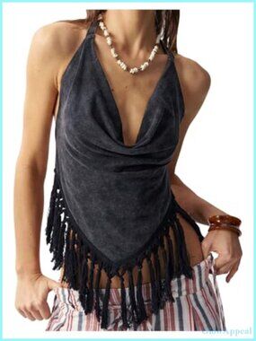 Y2k Open Back Halter Tank Top Cowl Neck Sleeveless Bow Tie Tassel Tops